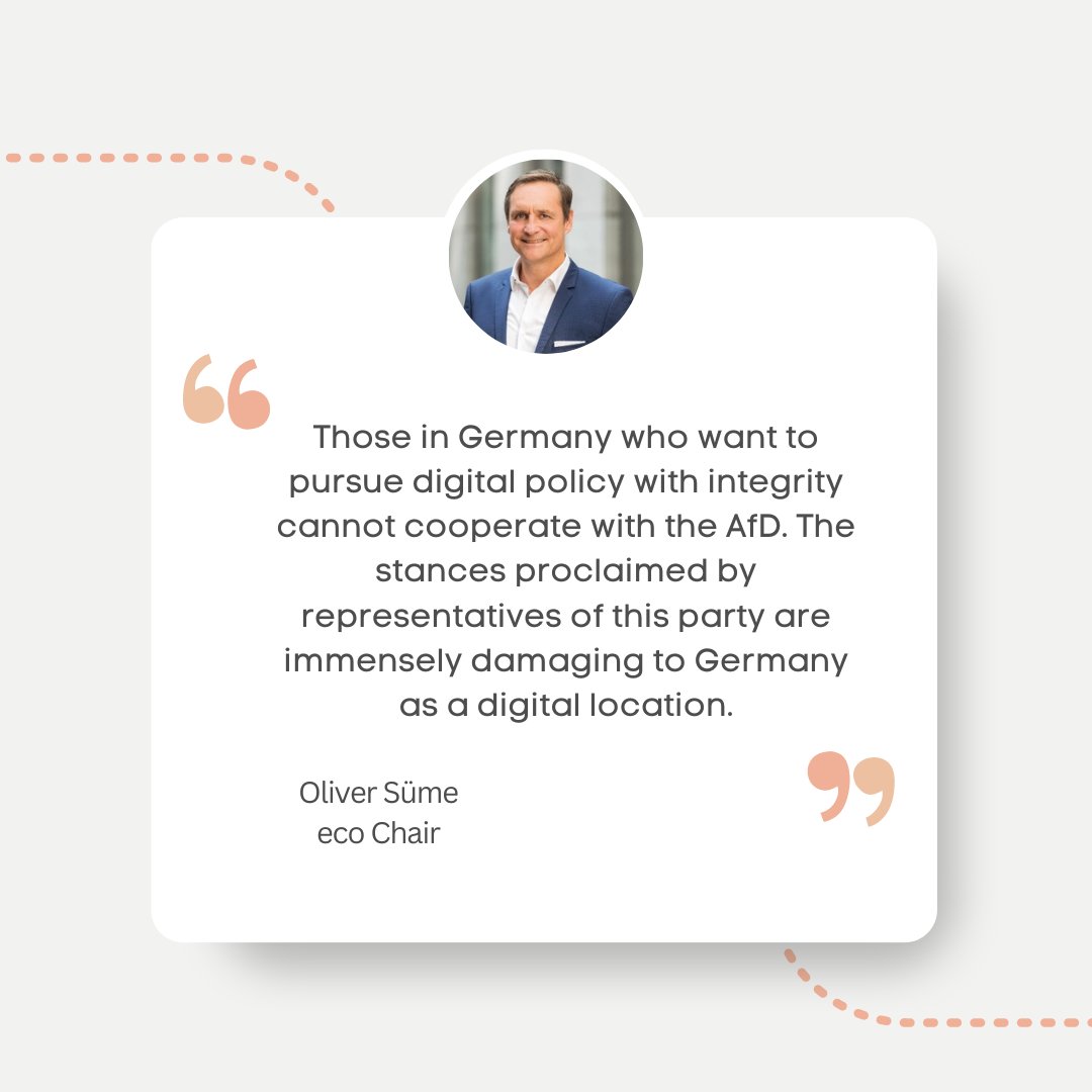 At eco Association, we stand firm in our commitment against cooperation with the Alternative for Germany (AfD). Oliver Süme, eco Chair, underscores the importance of integrity in #digitalPolicy. 👉 go.eco.de/Egx3XiT