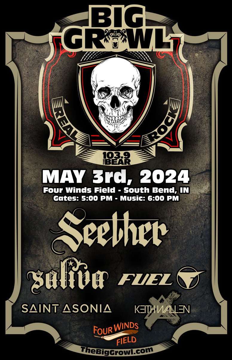 🎸🤘🎟
<a href="/1039TheBear/">103.9 The Bear</a>
 presents THE BIG GROWL on May 3 at Four Winds Field featuring <a href="/seether/">Seether</a> with special guests Saliva, Fuel, Saint Asonia, and Keith Wallen of Breaking Benjamin!
Tickets on sale now at TheBigGrowl.com