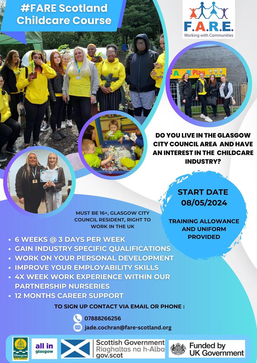 Good Morning 🙂

Sign up day for our next 6-week FARE Childcare programme starting on 8th May 2024 is 19th April 2024 11am - 1pm 

Location - The Circle, 69-71 Aberdalgie Rd, Easterhouse, Glasgow G34 9HJ Floor 2 
 
<a href="/Karen_Fare/">Karen Timoney</a> <a href="/paul_fare/">Paul Humphreys</a> <a href="/GlasgowCC/">Glasgow City Council</a>
