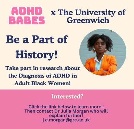 📢📢📢RESEARCH ANNOUNCEMENT!!! We are running our first research project together with the University of Greenwich. We have found that within research about ADHD our voices as Black folk are often not heard, with studies having large sample sizes of mainly white men.