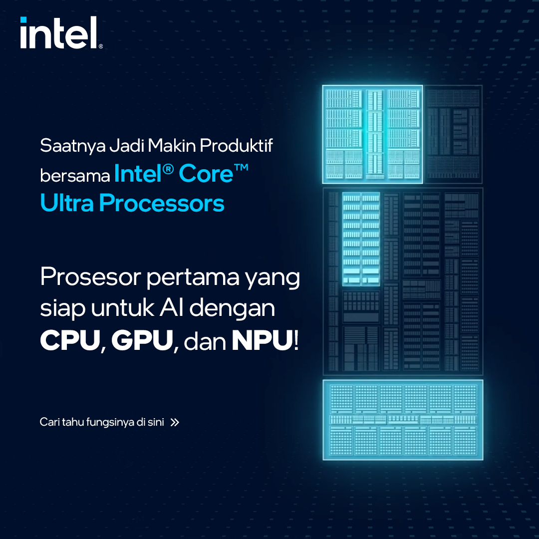 Intel_Indonesia's tweet photo. Fun fact buat Sobat Tekno! 💡
Intel® Core™️ Ultra Processors, prosesor pertama yang siap untuk Artificial Intelligence (AI) dengan Central Power Unit (CPU), Graphics Power Unit (GPU) & Neural Processing Unit (NPU).
#StartsWithIntel #IntelCoreUltra #IntelArcGPU #IntelAI #AIPC https://t.co/lmkb4Z3QFa