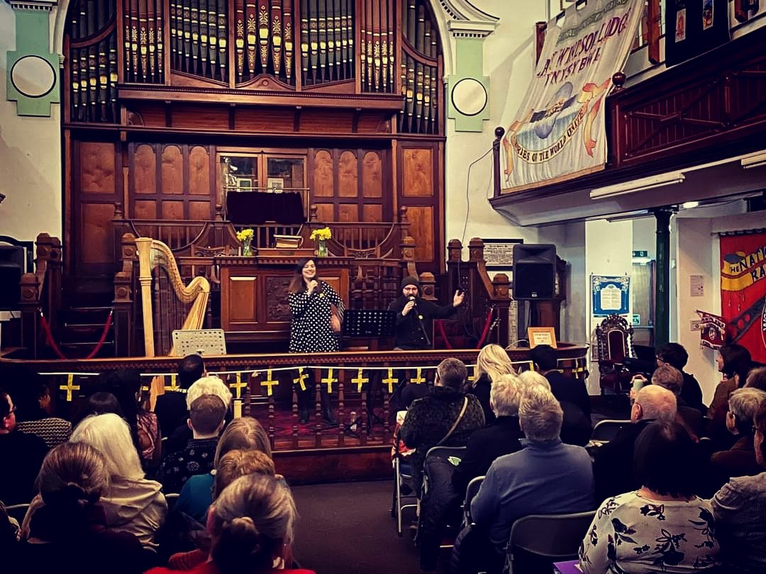 A lovely shot from our first performance of the year at @PontyMuseum for St David's Day a couple of Fridays ago. It was also our first show as parents, and Baby Emlyn's first Hazel & Grey gig! We'll have to get him on the harp for the next one...