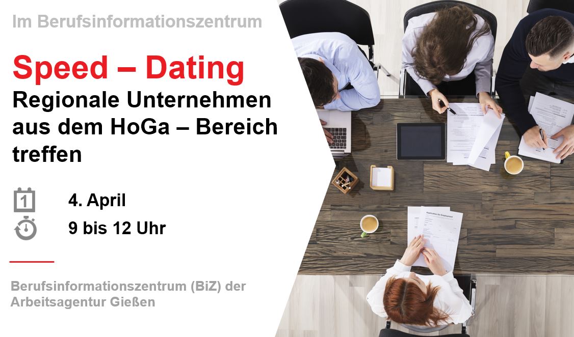 Speed-Dating mit regionalen #Unternehmen aus dem #HoGa - Bereich 

⏰4. April | 9 bis 12 Uhr
🏬Berufsinformationszentrum der #Arbeitsagentur #Giessen

Ohne Anmeldung! #Bewerbung|sunterlagen einpacken und vorbeikommen!