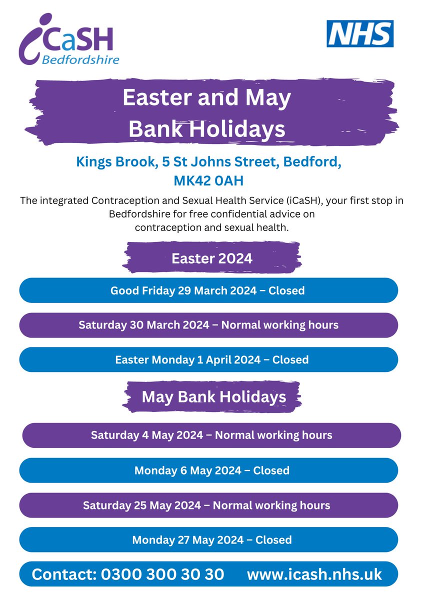 Check out our clinic opening hours over Easter and in May 2024 #Bedfordshire