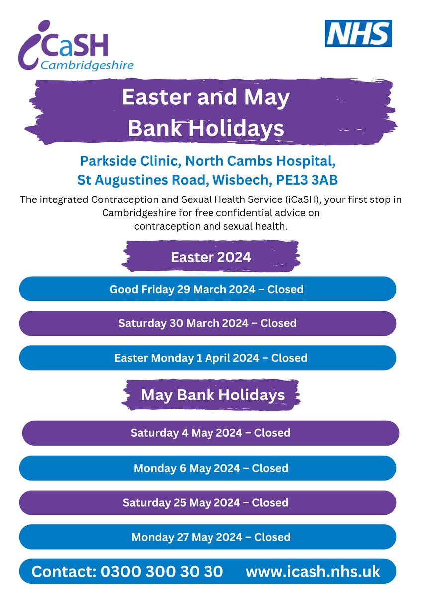 Check out our clinic opening hours over Easter and in May 2024 #Cambridgeshire