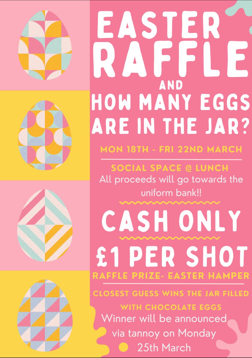 ghsvicecaptains's tweet photo. We are running an Easter fundraiser starting Monday 18th March to raise money for the uniform bank. The raffle prize is an Easter hamper filled with chocolate treats and the closest guess will win the jar filled with chocolate eggs! Cash only! Winner announced Monday 25th March! https://t.co/Nn6vyUgGyN