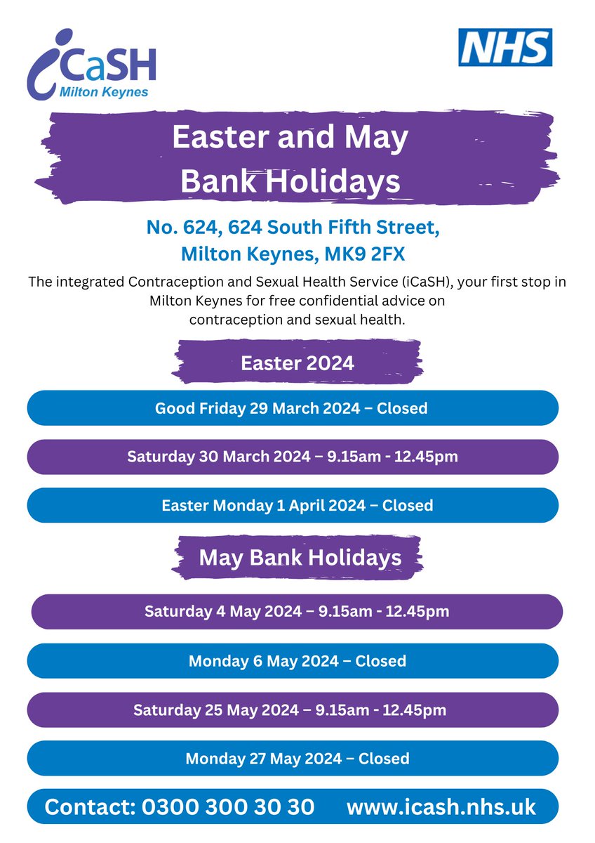 Check out our clinic opening hours over Easter and in May 2024. #MiltonKeynes