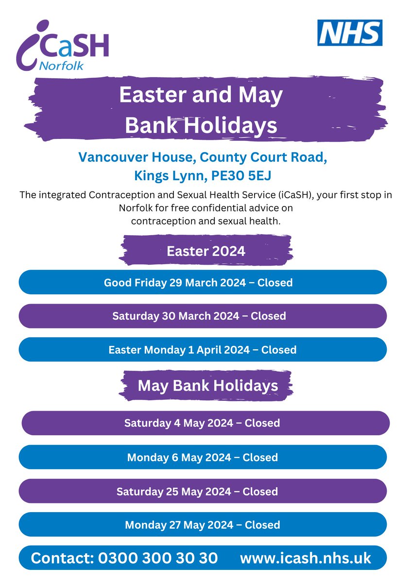 Check out our clinic opening hours over Easter and in May 2024. #Norfolk