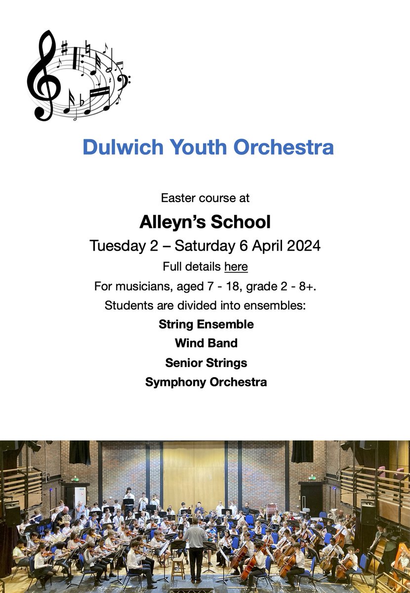 📣📣 Calling all young musicians! 📣📣
<a href="/dyodulwich/">DYO</a> Easter Course will take place
👉👉 <a href="/Alleyns_Music/">Music at Alleyn's School</a> <a href="/AlleynsSchool/">Alleyn's School</a>
from Tues 2nd to Sat 6th April  

Come and join the fun! 
Full details 👉 dyodulwich.com