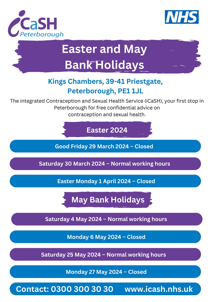 Check out our clinic opening hours over Easter and in May 2024. #Peterborough