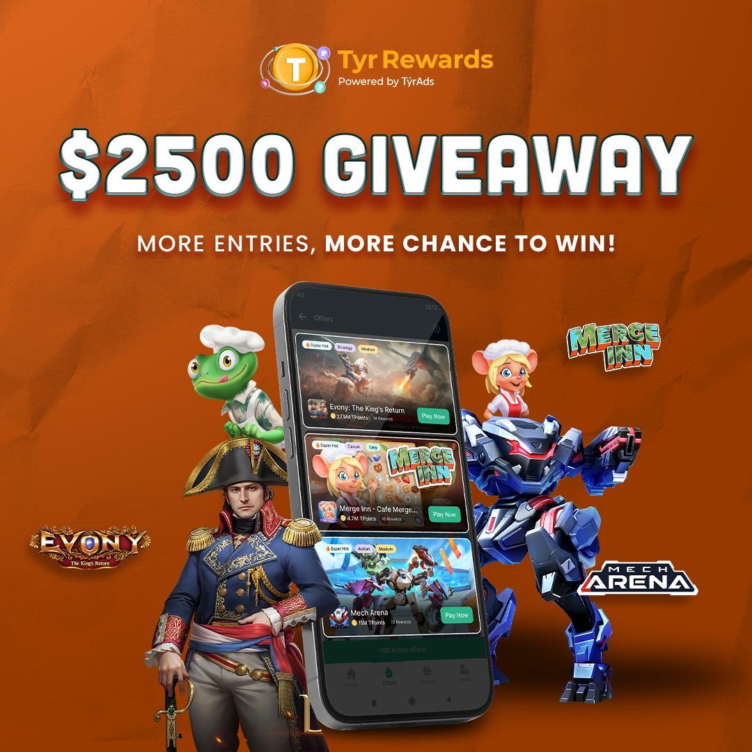 🚀 Don't miss the chance to win big with Tyr Rewards by playing games! Join our $2500 giveaway by completing tasks. Play through Tyr Rewards for a shot at winning! Join Now : buff.ly/3Vfo31j #TyrRewards #Giveaway #PlayAndWin