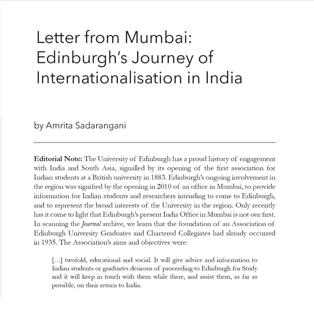 Before I wrapped up my full-time role with @EdinburghUni in December 2023, I wrote an article titled 'A Letter from Mumbai: Edinburgh's Journey of Internationalisation in India,' which was published in the University of Edinburgh journal recently. Read on -bit.ly/48UCA5B