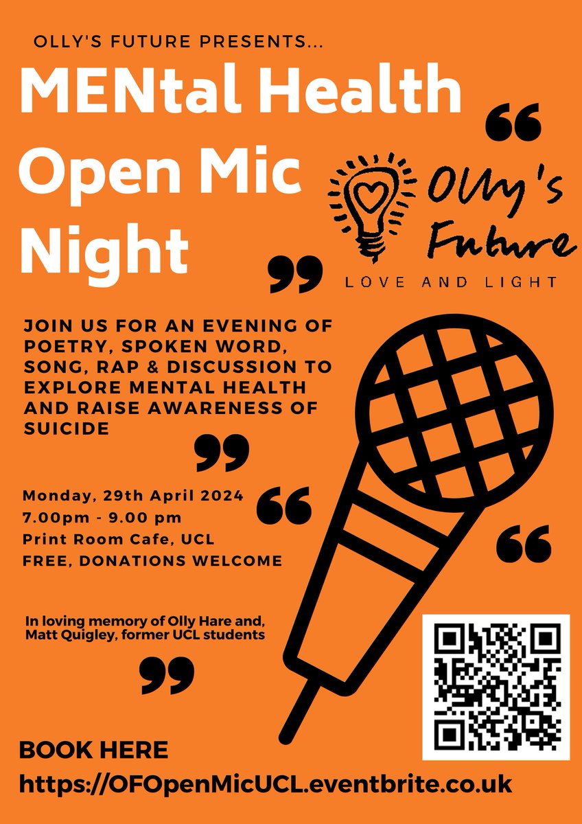 Get your free tickets for this Open Mic Night on 29th April for UCL students to come together to share experiences around mental health through rap, song, poetry and spoken word. Run by @OllysFuture eventbrite.co.uk/e/mental-healt…