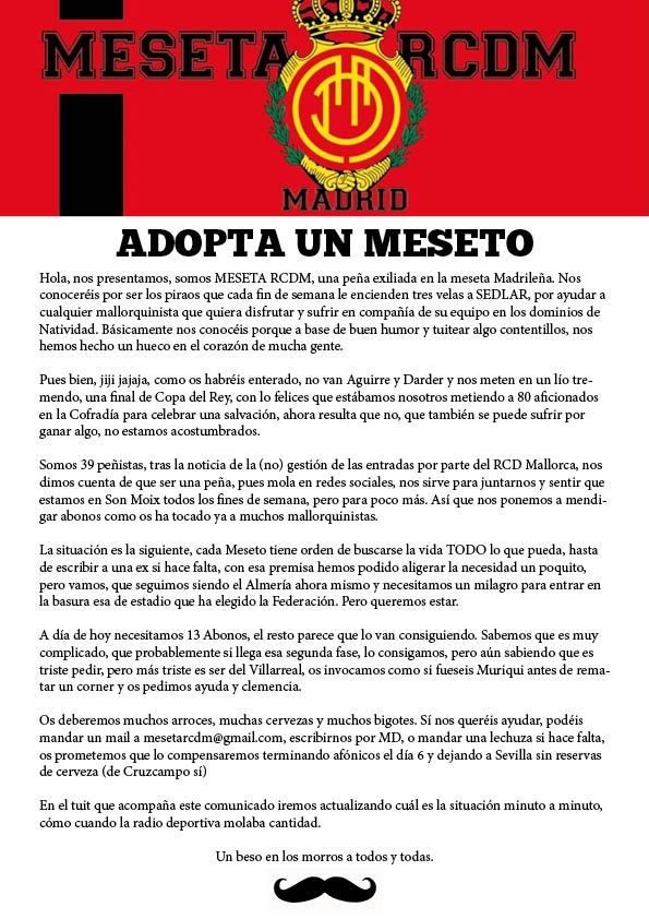 Nunca pensé que pareceríamos el Cádiz, pero aquí tenéis un COMUNICADO OFICIAL DE MESETA RCDM

(Ya sólo con difundir, nos ayudáis mucho)