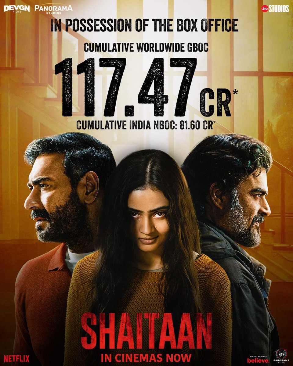 Jio Studios, Devgn Films &amp; Panorama Studios' supernatural thriller #Shaitaan puts up a solid Week 1 total of ₹81.60 Cr, earning  ₹5.82 crores on Thursday &amp; grosses ₹117.47 crores worldwide! 
<a href="/ajaydevgn/">Ajay Devgn</a> <a href="/ActorMadhavan/">Ranganathan Madhavan</a> <a href="/imjankibodiwala/">Janki Bodiwala</a> <a href="/ADFFilms/">Devgn Films</a> <a href="/PanoramaMovies/">Panorama Studios</a>