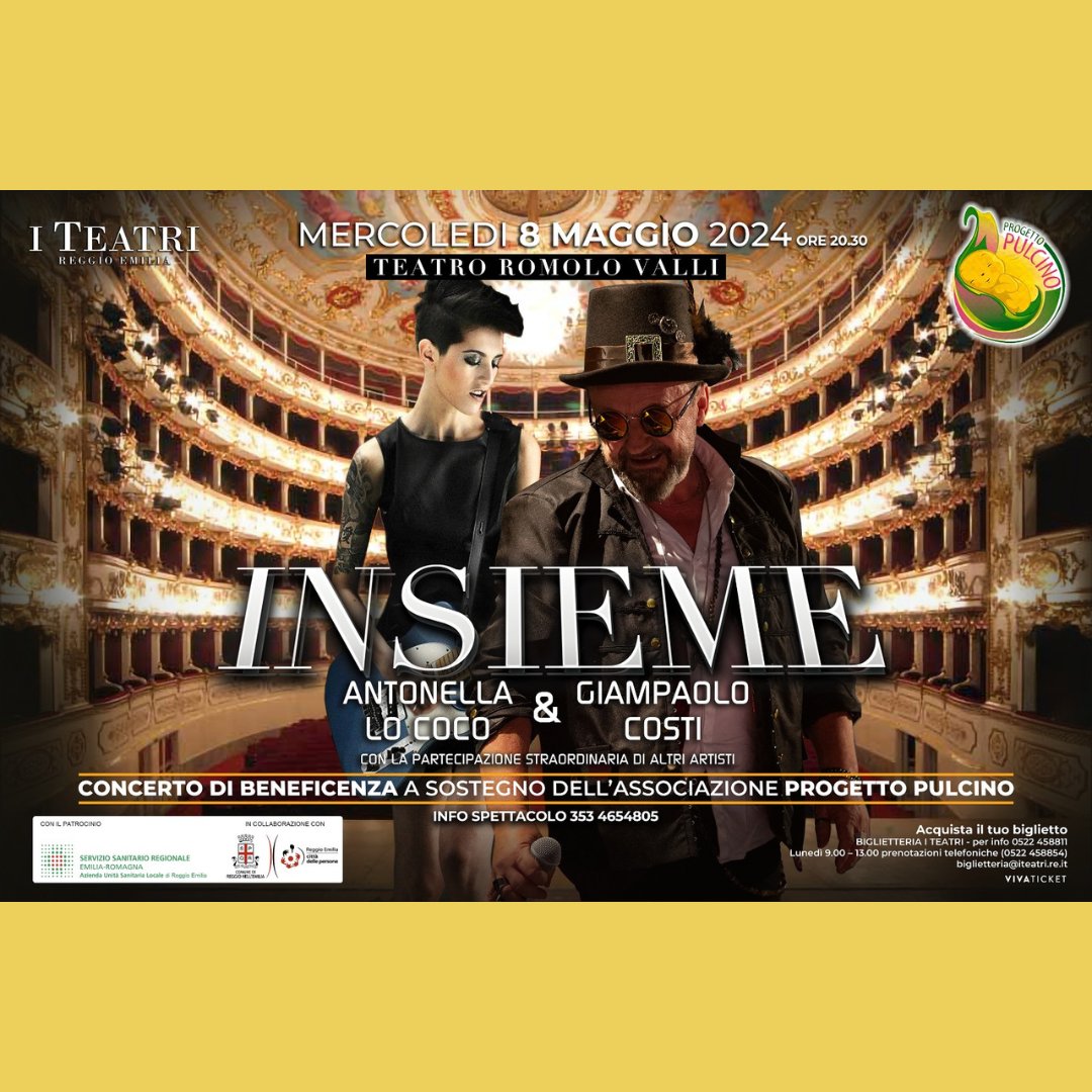 #Insieme Un concerto da non perdere al Teatro Valli, Mercoledì 8 maggio, alle ore 20.30, con @antonellalococo, <a href="/giampaolocosti/">giampaolocosti</a>   e la partecipazione di molti artisti. Il ricavato a <a href="/ProgettoPulcino/">Progetto Pulcino</a>  
Altre info: tinyurl.com/4mweksr5
Vi aspettiamo numerosi!