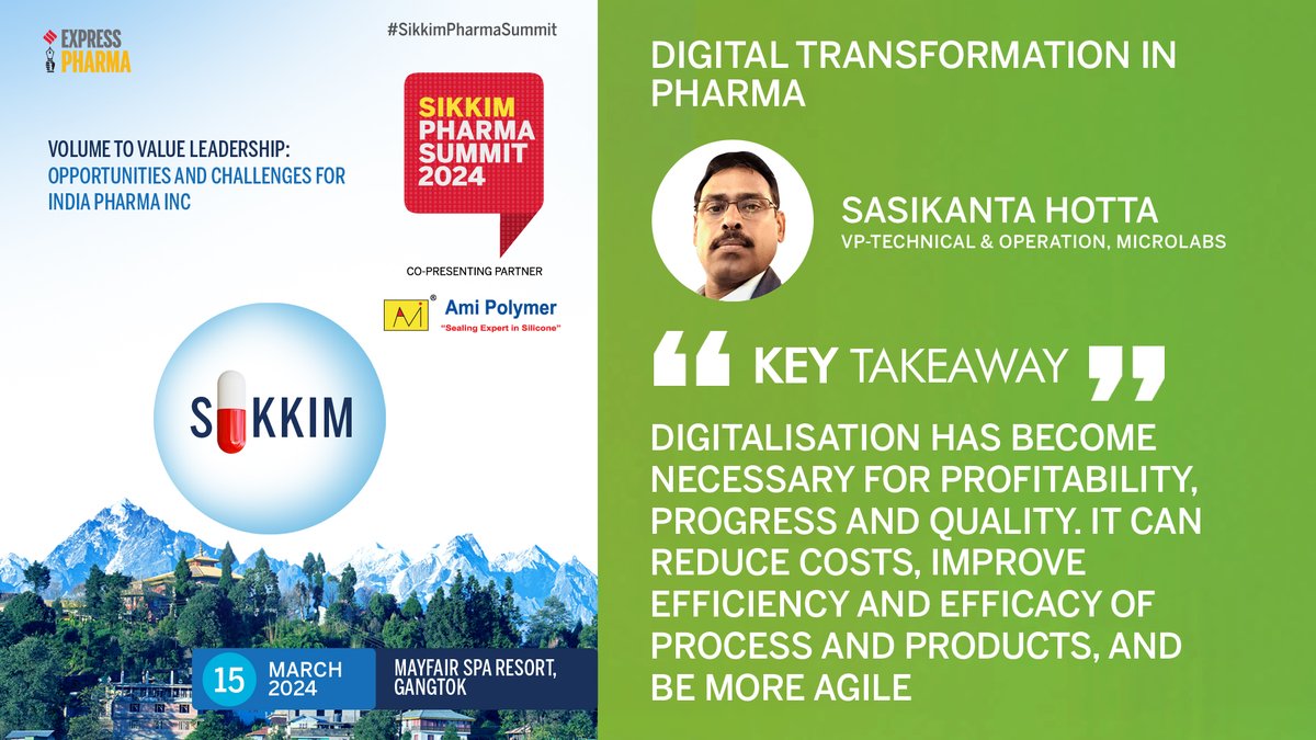 ExpPharma's tweet image. Key Takeaway by Sasikanta Hotta, VP, #MicroLabs at the #SikkimPharmaSummit 2024, today at Mayfair Spa Resort, Gangtok, Sikkim | Co-Presented by @amipolymerindia 

@viveka_roy @LNair23 @rbhatkal @ashishrampure @Kalsomekals