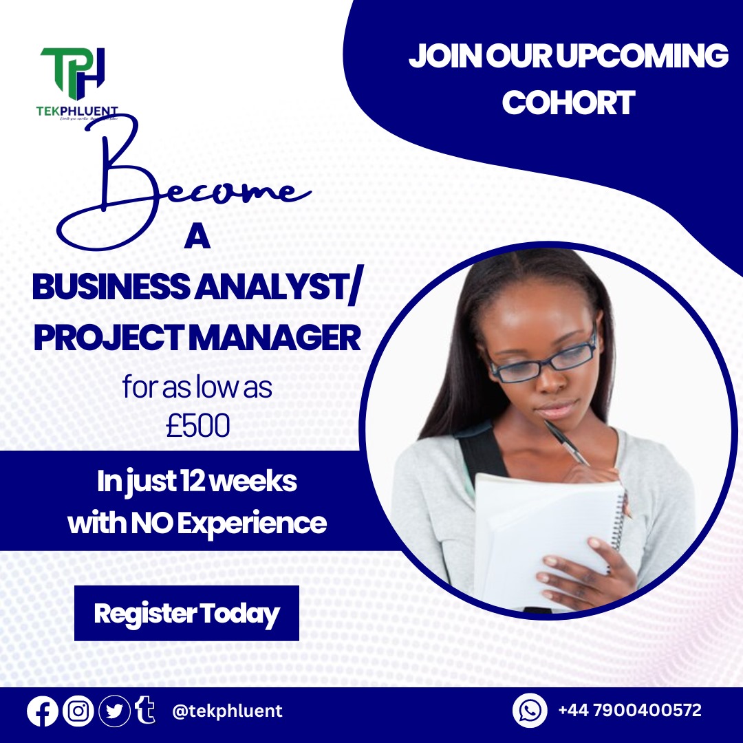 Exciting news at Tekphluent! April cohort approaching - this time, focusing on business analysis and project management. Dive into BI, Data Analysis, Machine Learning, and Data Visualization. Ready to boost your career? Sign up now! #Tekphluent #AprilCohort #BusinessAnalysis