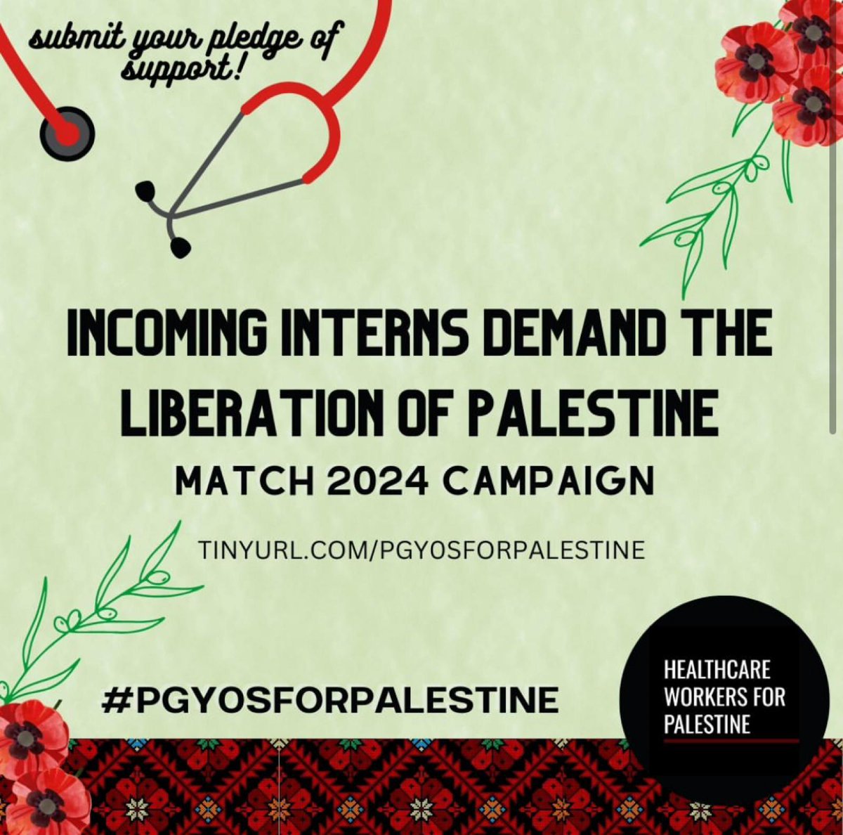 It's #MatchDay2024 ! We call on applicants to reclaim the profession & submit pledges of commitment to liberation & the cause of all oppressed people. Allies in other health professions & stages of training please also submit your pledges of support! tinyurl.com/pgy0sforpalest…