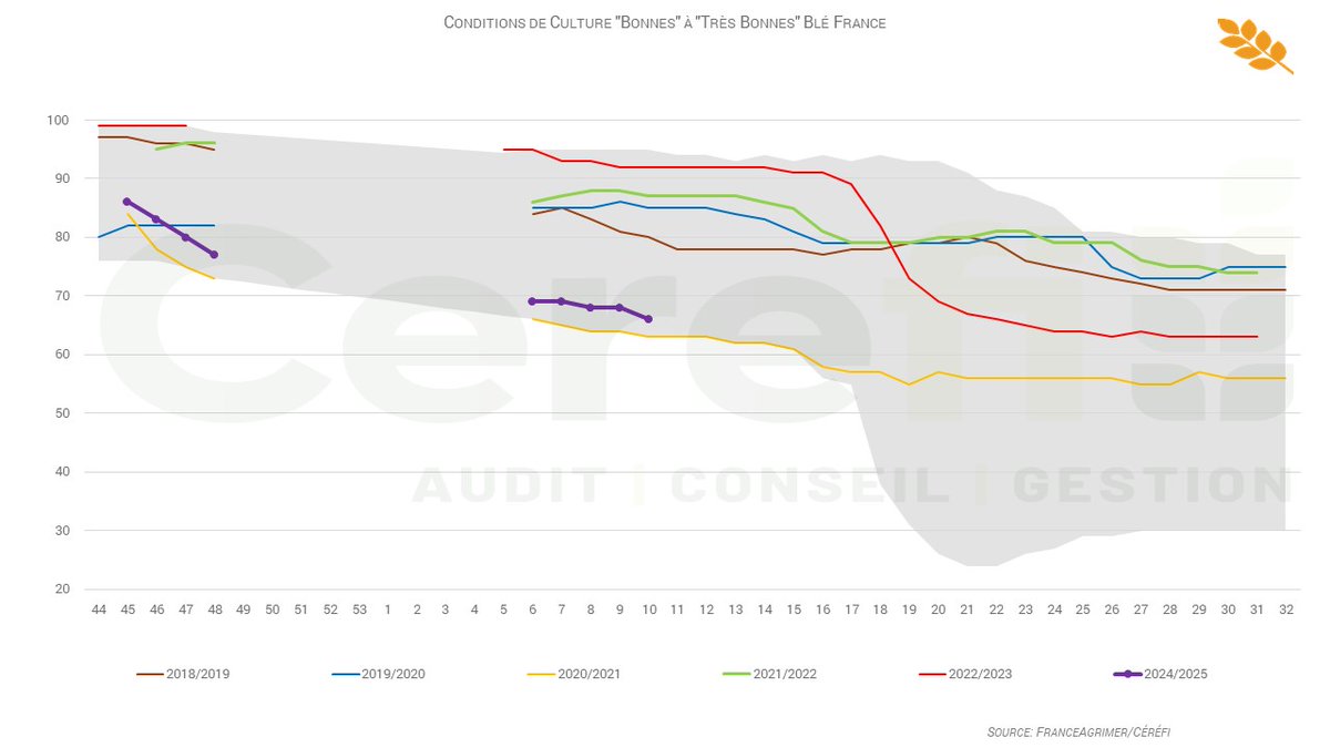 🇫🇷↘️Les conditions de culture continuent de baisser. Pour le blé, les conditions "bonnes" à "très bonnes" sont à 66% (-3%). L'année dernière, le taux était de 95%. Pour l'orge, ces conditions sont à 68% (-1%). L'année dernière, nous étions à 92%. #CéréObs <a href="/FranceAgriMerFR/">FranceAgriMer</a> 
#Blé