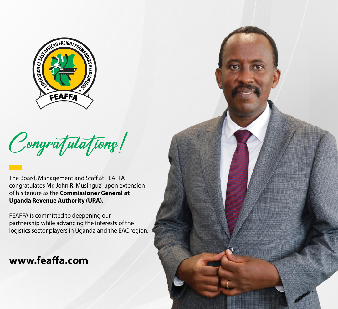 Congratulations to Mr. John R. Musinguzi (@URA_CG) upon the extension of his tenure as Commissioner General at @URAuganda. We look forward to working with you in deepening our partnership while advancing the interests of logistics sector players in Uganda & the EAC region.