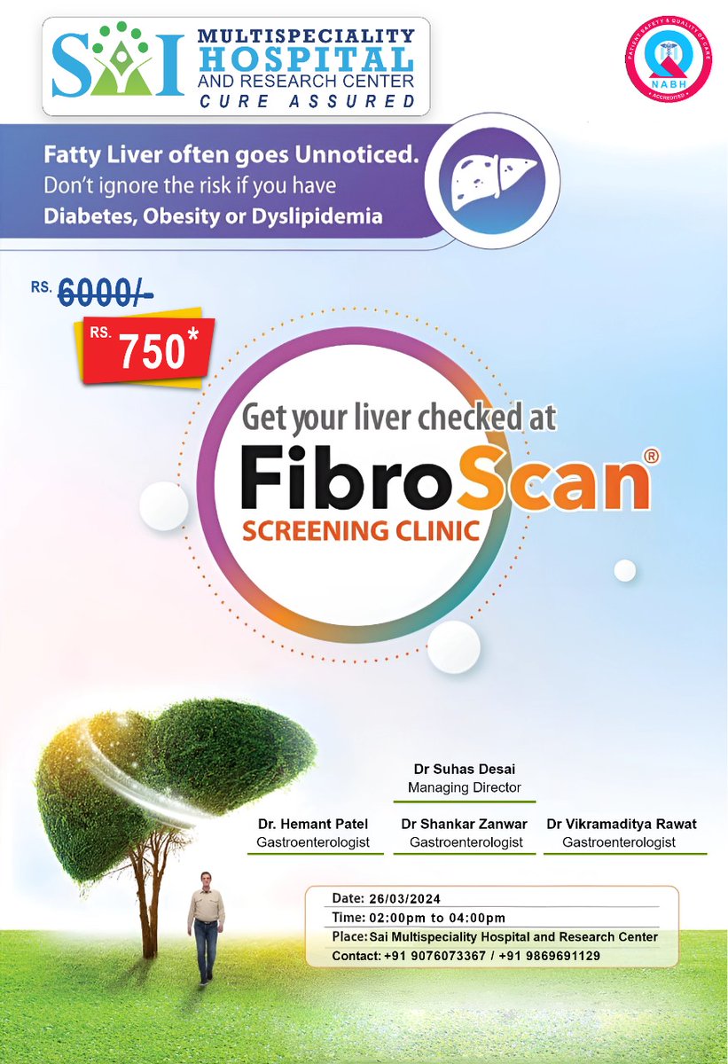 Fatty Liver often goes Unnoticed.
Don't ignore the risk if you have Diabetes, Obesity or Dyslipidemia
Regular Charges RS. 6000/-
Offer for Camp RS. 750*
Get your liver checked at FibroScan SCREENING CLINIC in Sai Multispeciality Hospital ResearchCentre