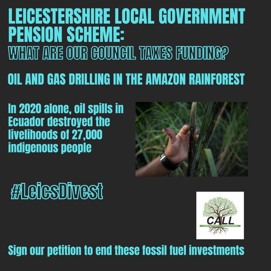 (1/3) Without the Amazon the world can't have climate stability. As storms & fires rage across the world, fossil fuel companies funded by our Local Gov Pension Scheme R drilling in the Amazon, pushing the forest & its people 2 the brink.
Sign #LeicsDivest: actionnetwork.org/petitions/inve…