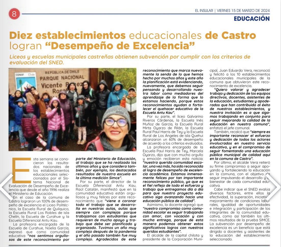 Corpocas's tweet photo. [PRENSA] 🗞️ El periódico #ElInsular comparte las felicitaciones del alcalde Juan Eduardo Vera, a los 10 establecimientos educacionales de #Castro que lograron “Desempeño de Excelencia” en el SNED. https://t.co/yrr71cCJxD