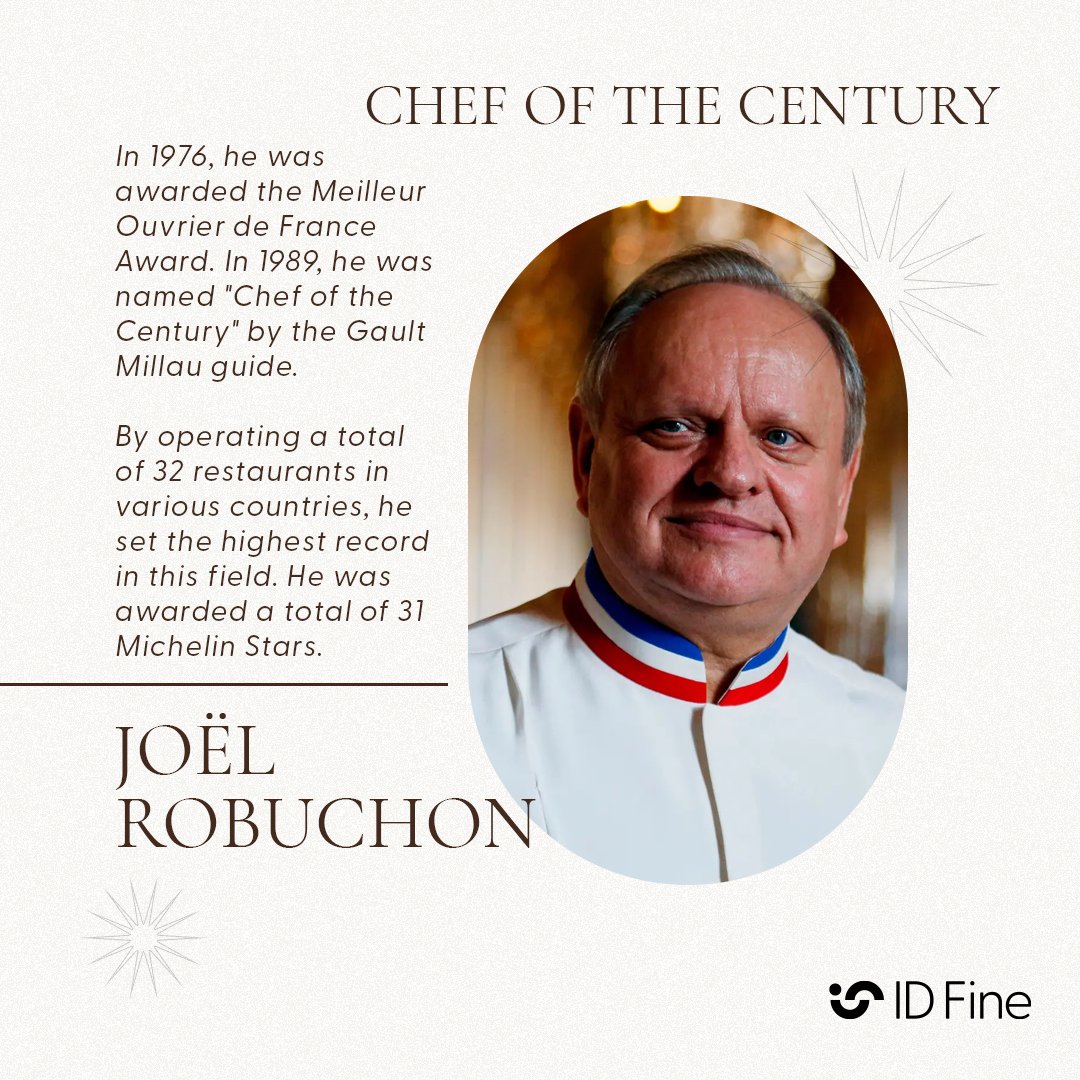 Do you know Joël Robuchon? In1976, he was awarded the Meilleur Ouvrier de France Award. In1989, he was named'Chef of theCentury' by the Gault Millau guide. - Joël Robuchon, 1976'da mutfakta Fransa'nın En İyi Çalışanı ödülüne layık görüldü. 1989'da 'Yüzyılın Şefi' seçildi.