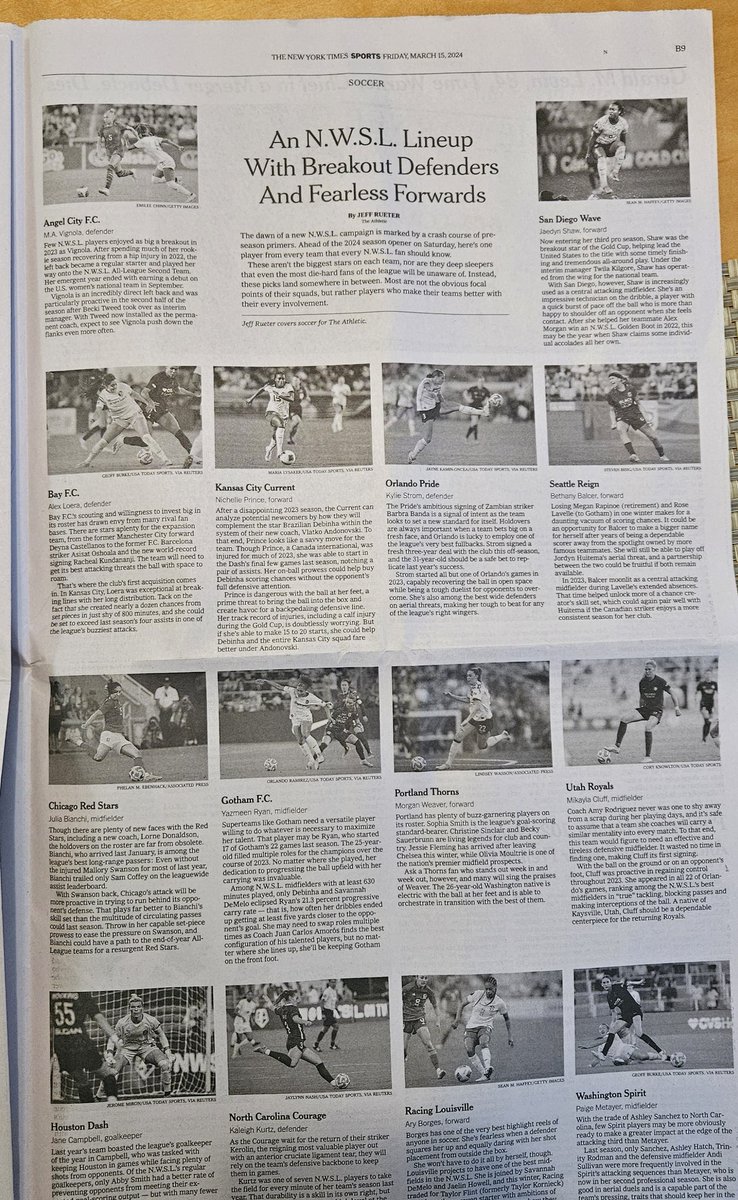 So much of the great media coverage today is driven by the digital world we are in, but every once in a while you see a full-page print story like the one from @TheAthleticSCCR in today's @nytimes & it makes you pause to realize what's ahead. It starts tonight. #nwsl #runwithus