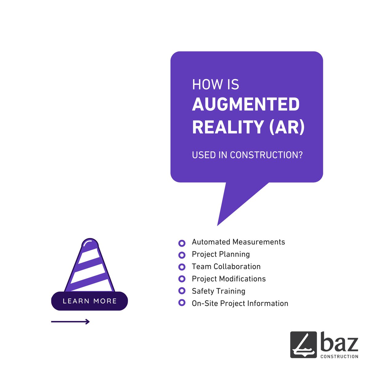 How is Augmented Reality (AR) used in construction?
•Automated Measurements
•Project Planning 
•Team Collaboration
•Project Modifications
•Safety Training
•On-Site Project Information

#BazConstruction #BazAcademy #CivilEngineering #ConstructionTechnology #ConstructionTrend