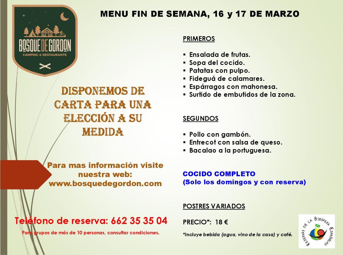 Nuestra selección de platos para este fin de semana. 
También tenemos el cocido tradicional, solo el domingo y con reserva anticipada. 
Y en nuestra carta también podrá elegir cualquiera de los platos propuestos.
#bosquedegordon