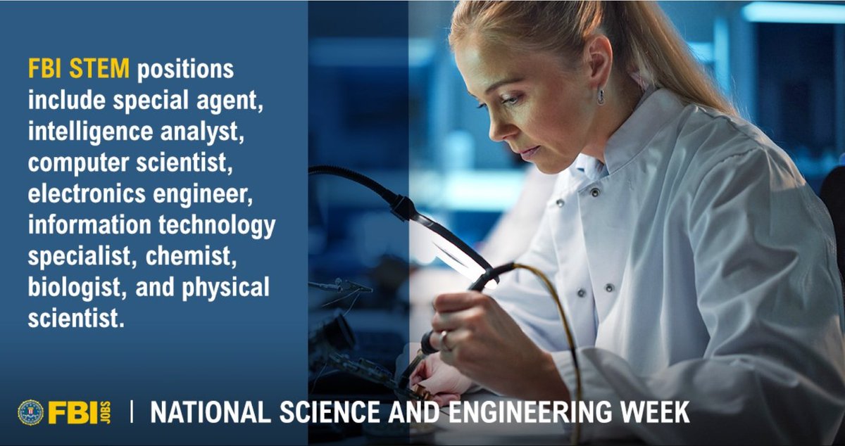 FBIBaltimore's tweet photo. Your resume is full of accomplishments as an expert in the #engineering field. Be part of a creating innovative solutions that impact communities worldwide. Forge your path at the #FBI. Apply today. #NationalScienceAndEngineeringWeek #FBIJobs
https://t.co/c8vLQjO0fU https://t.co/oc3rodSBGg