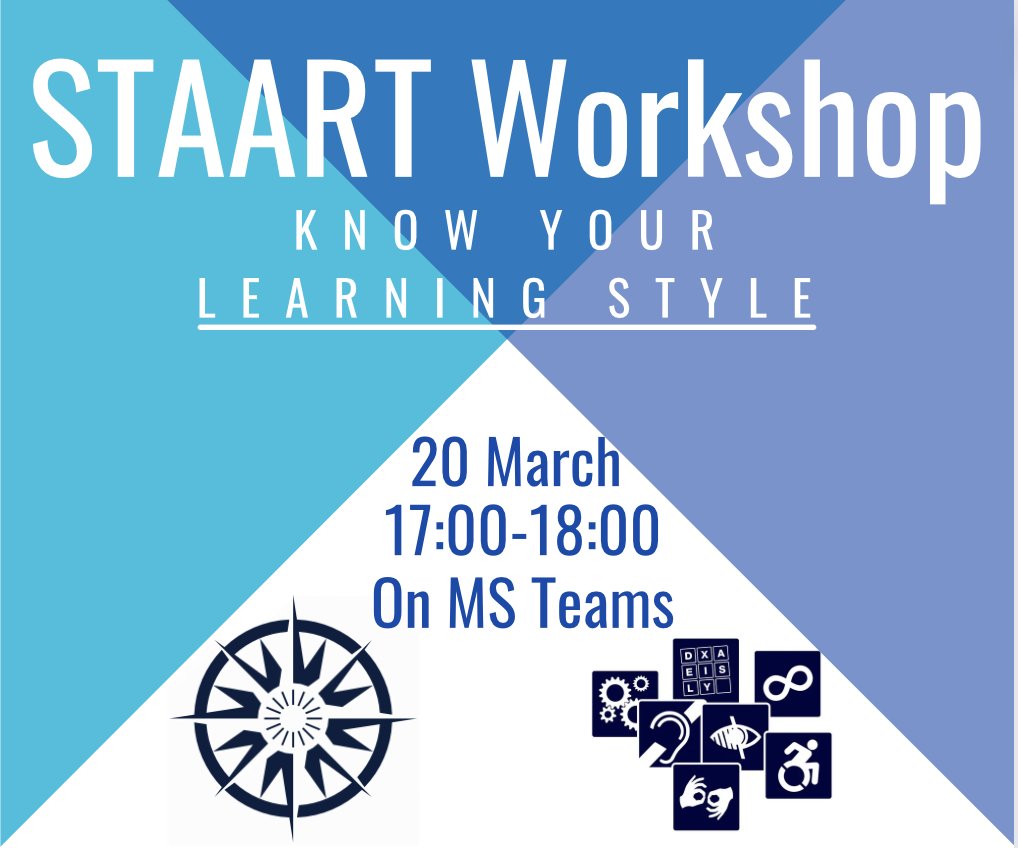 Join the STAART Workshop: 'Know Your Learning Style' on March 20, 2024! 17:00 - 18:00 | MS Teams. Free for post-16 SEND/disabled students exploring college or university! Book now: orlo.uk/HVOuH