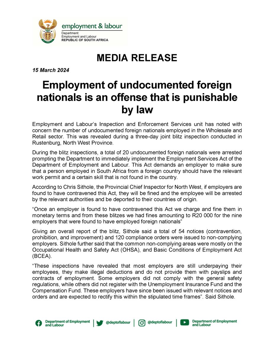 deptoflabour's tweet photo. [Media Release] Employment of undocumented foreign nationals is an offense that is punishable by law https://t.co/IokcC0HBsB