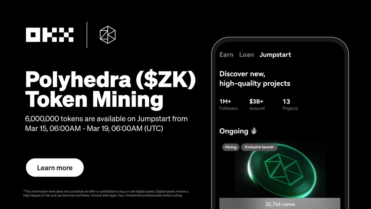 🥁 $ZK <a href="/PolyhedraZK/">Polyhedra</a> token subscription is now available on #OKX Jumpstart with a 6,000,000 ZK staking pool 🥁

Subscribe now, go 👉 bit.ly/OKXJumpstart

🔚 Ends at 6:00 AM on Mar 19.