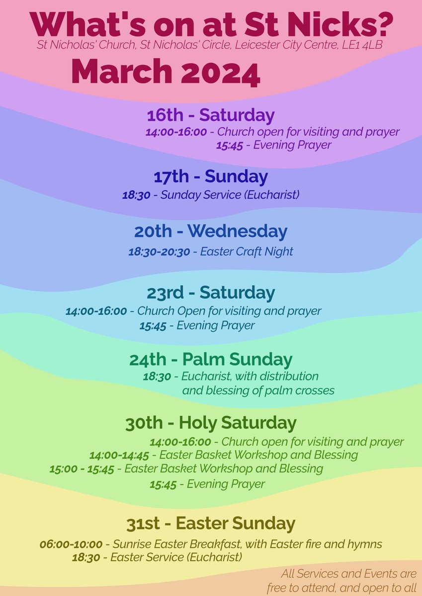 There's a lot going on at St Nicks over the coming weeks. There's a craft night, afternoon workshops making traditional Polish Easter baskets, an early morning bonfire, some contemplative services of evening prayer, and, of course, our weekly Eucharists. Come along and see!