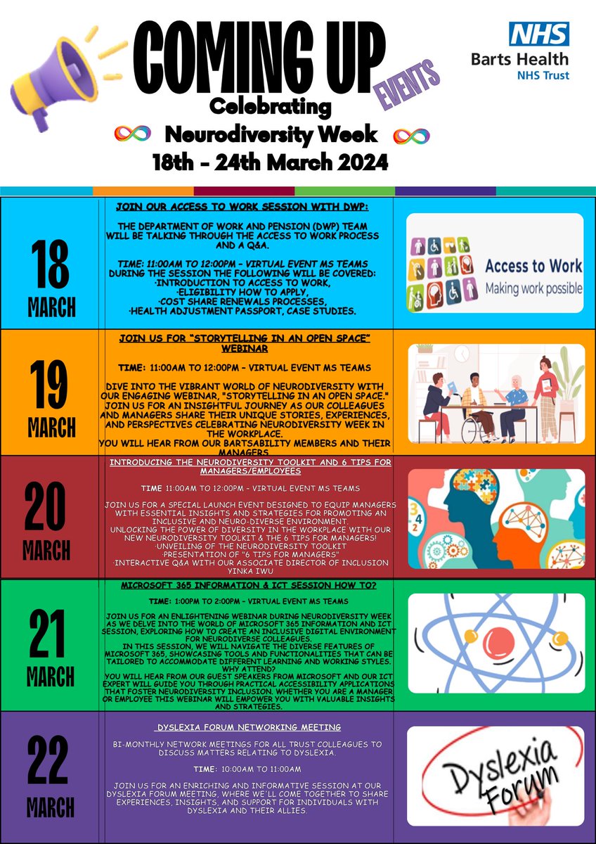 @BH_InclusionCentre (@bh_include) on Twitter photo 📢 Calling all <a href="/NHSBartsHealth/">Barts Health</a> Colleagues🤗
You are invite to attend the Coming Up Events to Celebrate #NeurodiversityWeek 18th - 24th March 2024
To register please email:
diversityninclusion.bartshealth@nhs.net
#EmbracingDifference
#CelebratingDifferentMinds
⬇️⬇️⬇️⬇️⬇️⬇️ 📢 Calling all <a href="/NHSBartsHealth/">Barts Health</a> Colleagues🤗
You are invite to attend the Coming Up Events to Celebrate #NeurodiversityWeek 18th - 24th March 2024
To register please email:
diversityninclusion.bartshealth@nhs.net
#EmbracingDifference
#CelebratingDifferentMinds
⬇️⬇️⬇️⬇️⬇️⬇️