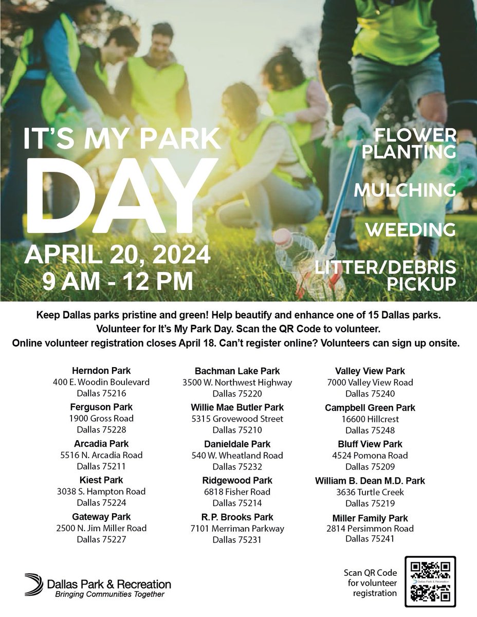 JeffKitner's tweet photo. It’s My Park Day on Saturday, April 20. D11’s location is Valley View Park. Volunteer to help with park clean up, mulching, planting, and more. You’ll also be able to explore the new wilderness area trails! #DallasParks https://t.co/SHEUeEzDaw