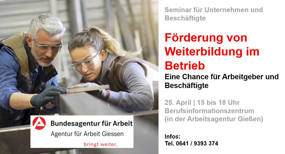 #Fachkräftebedarf im #Betrieb sichern:
Mit einer #Qualifizierung

Info-Veranstaltung für #Arbeitgeber sowie #Beschäftigte

⏩25. April | 15 bis 18 Uhr 
⏩Berufsinformationszentrum (BiZ) der #Arbeitsagentur #Giessen