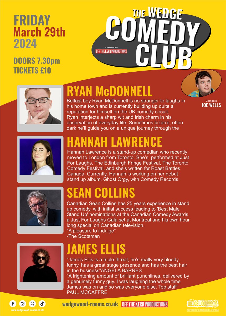 Our fortnightly Comedy Club is back next week! Joining us on Friday 29th March we have Ryan McDonnell, Hannah Lawrence, Sean Collins and <a href="/IAmJamesEllis/">James Ellis</a> 

The evening will be compered by <a href="/joewellscomic/">Joe Wells (Neurodivergent Moments Podcast out now)</a> 

Doors 7:30pm, food served til 8:15pm

👉 wedgewood-rooms.co.uk 👈