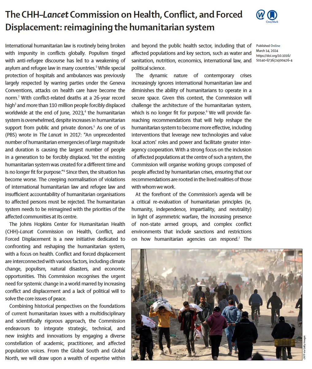 Conflict deaths hit 26-year high, with 110M+ forcibly displaced as of June 2023. @Humanit_Health (CHH)–Lancet Commission on Health, Conflict, & Forced Displacement aims to address this crisis, reshaping an overwhelmed humanitarian system. Read @TheLancet: tinyurl.com/2j9brwns