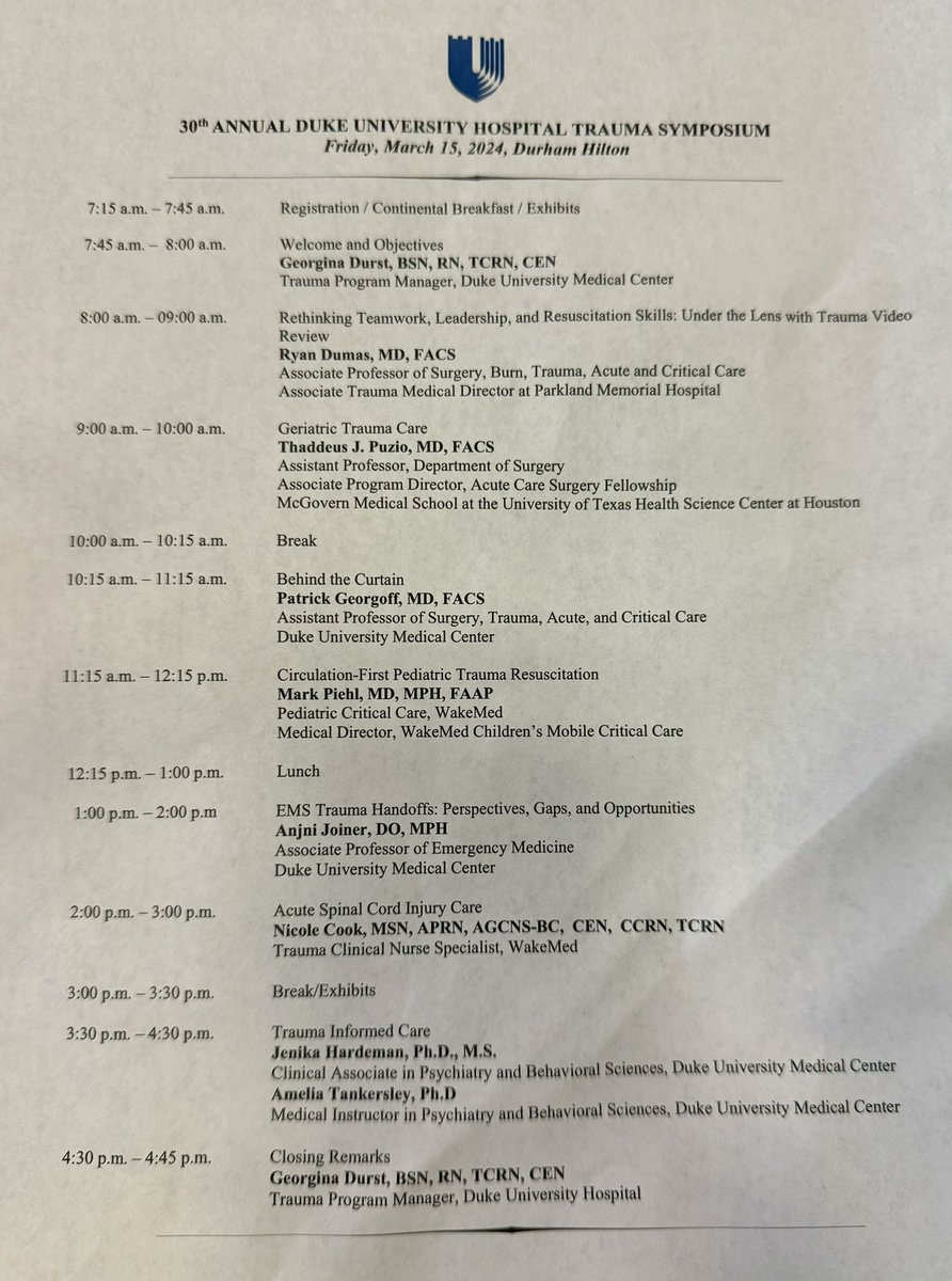 Match Day AND <a href="/DukeSurgery/">Duke Surgery</a> Trauma Symposium?!?  What a day!!  

<a href="/DukeSurgRes/">Duke General Surgery Residency</a> <a href="/DukeGSIG/">Duke General Surgery Interest Group</a> @RPDumasMD @TraumaSoapBoxes <a href="/markpiehl/">Mark Piehl</a>
