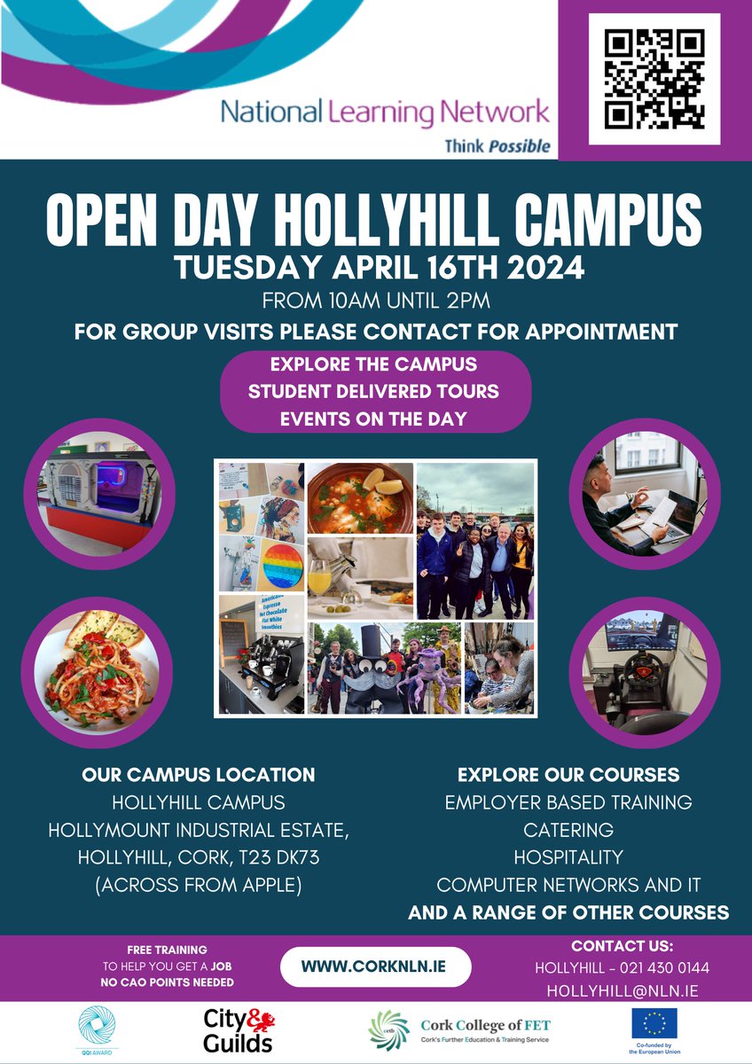We are hosting an open day in our Hollyhill Campus on Tuesday the 16th of April from 10am until 2pm. Everyone is welcome and if groups plan on attending they can contact us by phone or email provided on the flyer below.

#ThinkPossible #nationallearningnetwork #OpenDay2024
