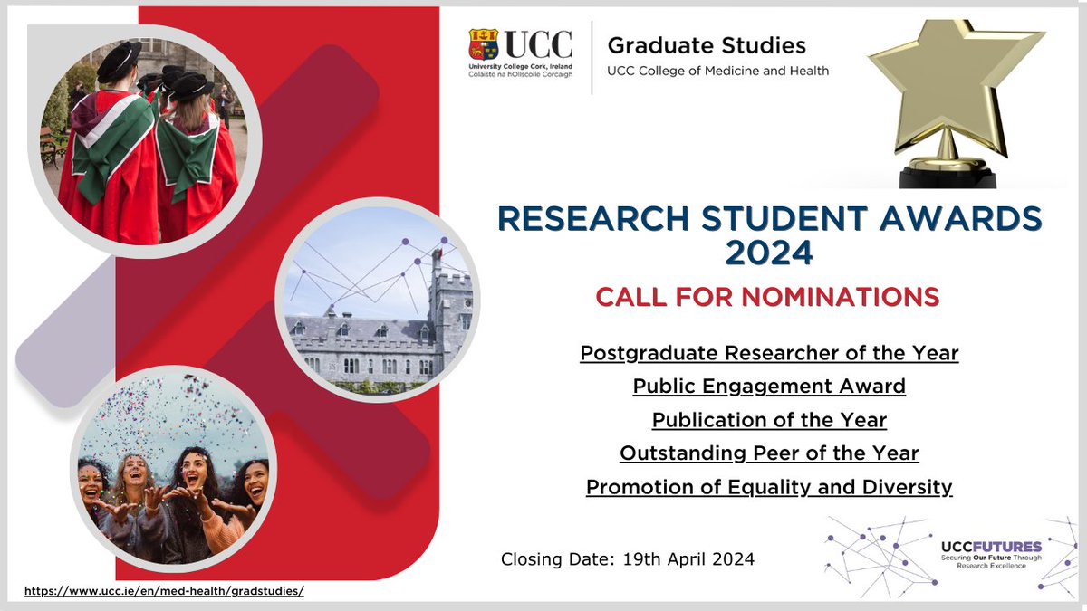GradCoMH_UCC's tweet photo. The Postgraduate Research Student Awards celebrate the achievements, efforts, and valuable contributions of research students in the College of Medicine and Health, UCC. 
Nominations  are now open @UCCMedHealth @UCCResearch  #UCCFutures
Further details: https://t.co/SZ45kUhEIe https://t.co/lJmPAz7xWX
