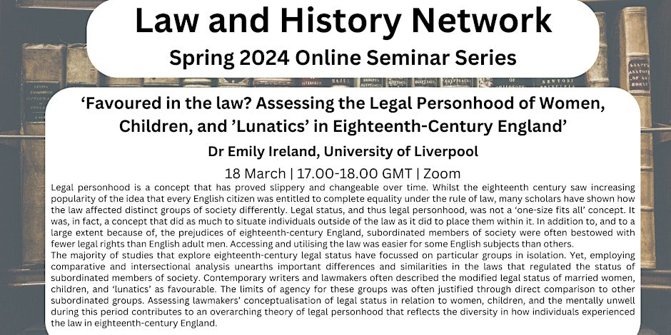 There’s still time to book for Monday’s @LawHistNetwork webinar where we will hear from @DrEmilyIreland All are welcome. Book at: eventbrite.co.uk/e/law-and-hist…
