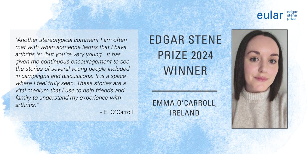 🏆 We are excited to announce that the #StenePrize2024 goes to Emma O' Carroll from Ireland! 📖Get inspired by her incredible story and learn about the challenges of living with #arthirtis. Read her inspiring story 👉pulse.ly/scbctq5unk @eularyoungpare #EULAR