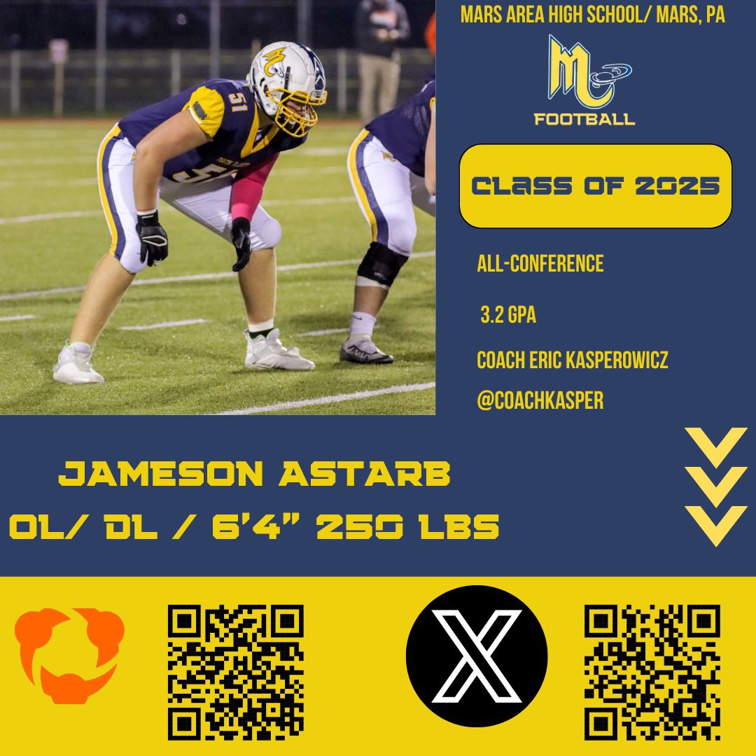 MarsHSFootball's tweet image. All Eyes on the Class of 2025 
OL/DL @Jameson_Astarb 
#MarsMade 

👽🏈💪#WT2         👀👇