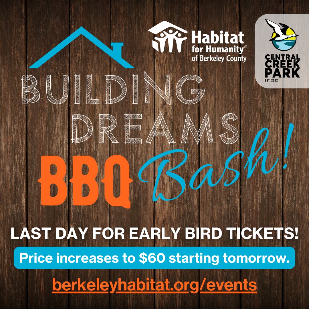 🎟️ 💫 TICKET PRICE INCREASES TO $60 STARTING TOMORROW! On Friday, April 19th at 6PM, Habitat for Humanity of Berkeley County is hosting our 3rd Annual Building Dreams BBQ Bash. Visit berkeleyhabitat.org/events or email dawn@berkeleyhabitat.org for more information.