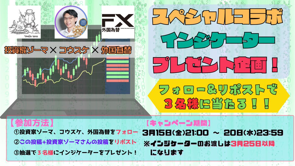 《投資家ゾーマ×コウスケ×外国為替スペシャルコラボ企画》

抽選で３名様へインジケーターをプレゼント！

【参加方法】
①<a href="/timusuke0130/">投資家ゾーマ＠テクニカル分析は知的財産</a>、<a href="/KOUSUKE_TRADER/">FIRE TRADER® コウスケ</a>、<a href="/ForexOnlineJp/">外国為替</a>をフォロー
②この投稿+投資家ゾーマさんの投稿をRP

外国為替公式LINEもご登録お願いします！
【lin.ee/Y8zR2GQ】